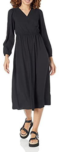Amazon Essentials Vestido Midi Ligero Georgette de Manga Larga con Cuello de Pico (Disponible en Tallas Grandes) Mujer, Negro, L