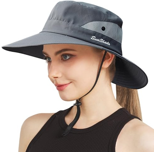 NPJY Ponytail Sun Hats for Women Men Wide Brim Hat Grey(Ponytail Hole)