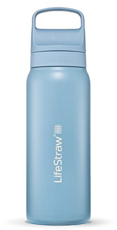 LifeStraw Go Series — Insulated Stainless Steel Water Filter Bottle for Travel and Everyday Use Removes Bacteria, Parasites and Microplastics, Improves Taste, 24oz Icelandic Blue