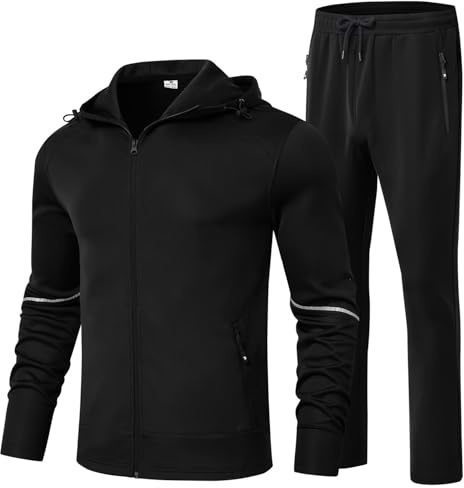 BGOWATU Men's Tracksuits Set Full Zip Jacket Hoodie Sweatsuit Running Sport Pants Jogging Suits with Zipper Pockets Black L