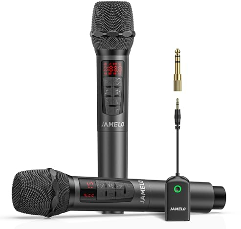 JAMELO Micrófono inalámbrico 2,4GHz, sistema de micrófono inalámbrico con receptor, juego de micrófono profesional para cantar con reverberación y ecualizador, para karaoke iglesia boda clase discurso