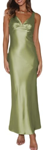 Womens Elegant Satin V Neck Backless Sleeveless Maxi Dress Silk Tie Low Back Formal Cocktail Dresses Wedding Guest, Olive, S