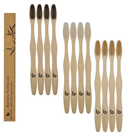 BOULTON Lot de 12 brosses à dents en bambou à poils souples | Brosse à dents en bois naturel écologique | Manche biodégradable bio | Sans plastique | Brosses à dents sans BPA | Multipacks de brosses à