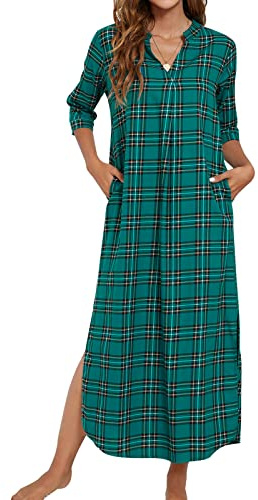MINTLIMIT Nightdress for Women Cotton Soft Nightgown Nightshirt Loose Fit Long Sleepwear （Green+Black，XX-Large）