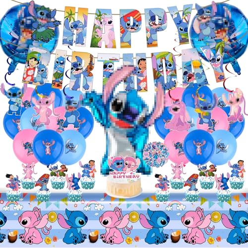 Geburtstags Party Deko, 104 Stück Geburtstagsballons Deko, Party Dekoration Ballons Set, Cartoon Kindergeburtstag Deko mit Luftballon, Cake und Cupcake Toppers, Happy Birthday Banner, Aufkleber