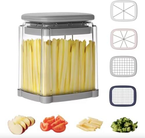 French Fry Cutter, 4 in 1 Vegetable Chopper, Manual Press Julienne Cutter Kitcehn Tool, Makes French Fries and Chops Vegetables