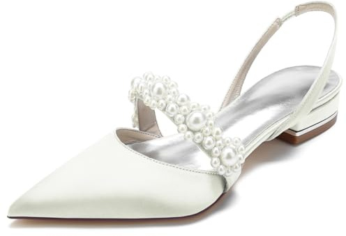 FQMAYPO Donne Raso Slingback Scarpe da Sposa Ballet Flats Scarpe Pearl Toe Punta Vestito da Festa di Nozze Punta Chiusa Caviglia Strap Pompe,Avorio,43 EU
