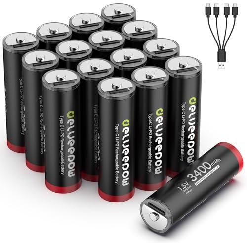 Pilas Recargables AA Delyeepow 3400mWh, Cable de Carga USB Tipo C, batería AA de Iones de Litio de 1,5 V más de 1500 ciclos, Paquete de 16