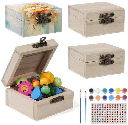 Prebarfun 4 PCS Wooden Box with Hinged Lid, Mini Unfinished Wooden Treasure Chest, DIY Craft Storage Organizer Box for Home Table Decoration, 6.8x6.8x4cm & 9x5.5x5cm