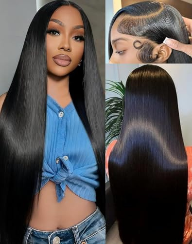 24 Inch Straight 13X6 HD Lace Frontal Human Hair Wig For Black Women,180% Density 13x6 HD Transparent Invisible Lace Front Wigs Human Hair Pre-Plucked Deep Part Silky Straight Natural Color