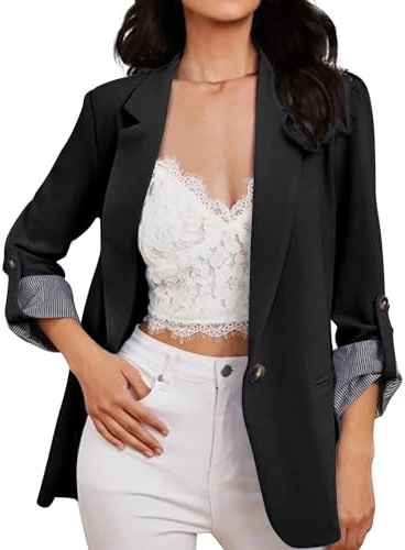 Blazers pour femme - Blazer décontracté ouvert sur le devant - Cardigan habillé à manches réglables - Veste à un bouton avec poches pour femme, Noir , M