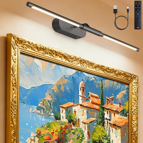 Glendan Wireless Picture Light for Wall: 24 Rechargeable Art Light with Remote & Timer, 8000mAh Battery Operated Poster Lights, 3 Color Modes & 3 Brightness Levels for Pictures, Gallery, Frame