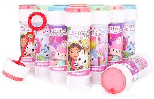 Toyland® Pack de 12 Botes de Burbujas Gabby's Dollhouse con varitas, solución de 60 ml y Tapa Laberinto novedosa – Juguete para Bolsas de Fiesta y pequeños Regalos