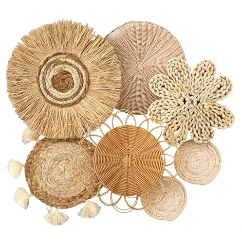 Lot de 7 paniers muraux de style bohème en rotin de jonc de mer - Décoration murale ronde respectueuse de l'environnement - Convient pour la ferme, la chambre à coucher, le salon, l'étagère