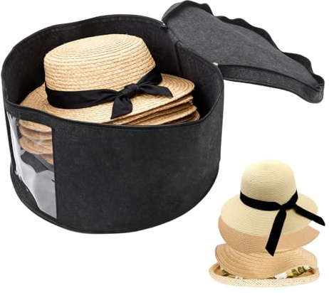 HENGBIRD Scatola per Cappello Rotonda con Coperchio, 43 × 26 cm, con Finestra Trasparente e Manico, Resistente alla Polvere e all'Umidità, in Feltro, Può Contenere Diversi Cappelli, Colore Grigio
