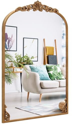 COSTWAY Barockspegel guld, 61 x 90 cm, väggspegel båge med metallram, bågspegel antik, dekorativ spegel för öppen spis, vardagsrum och entré