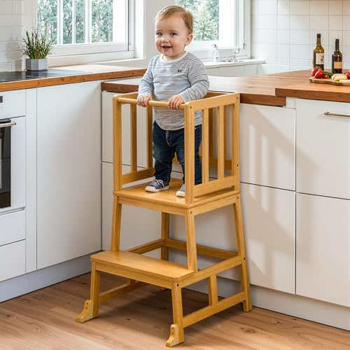 Cosyland Toddler Kitchen Standing Tower – Height Kids learning helper Tower with Safety Railing, Compact Anti-Drop Step Stool Design for 1.5-3 Year Olds (Natural)