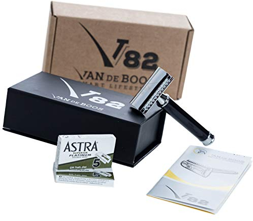 Van De Boos® Rasierhobel Set Grande inkl. 10 Astra Rasierklingen & Reise-Etui - Nassrasierer mit 2-seitigem Klingenkopf & 3-teiligem System mit geschlossenem Kamm (Frauen & Männer Klingenrasierer)