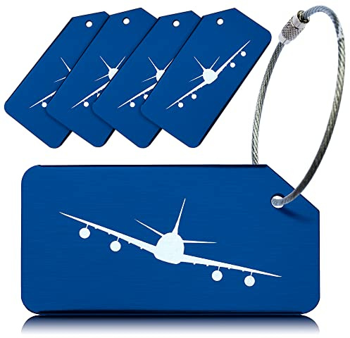 Pack of 5 Blue Strong Aluminium Luggage Tags, Secure, Easy to Spot, Privacy, Variety of Colours, Strong Steel Cable