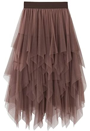 SotRong Falda tutú de tul para mujer, cintura alta, falda escalonada de malla para ballet, boda, fiestas, graduaciones, falda a la pantorrilla acampanada y plisada, G-marrón, Talla única