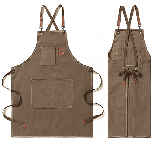 LAT LEE AND TOWN Tablier de travail avec 3 poches, tablier unisexe avec ceinture réglable et imperméable pour le travail, la pâtisserie, le jardin, la cuisine, le barbecue (brun)