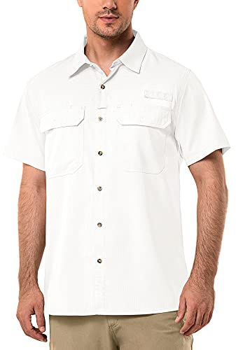 33,000ft Camisa de Manga Corta para Hombre UPF50+ Protección UV Camisa de Exterior Secado Rápido Camisa Funcional Camisa de Senderismo para Pesca Safari Viajes Golf, Blanco, XL