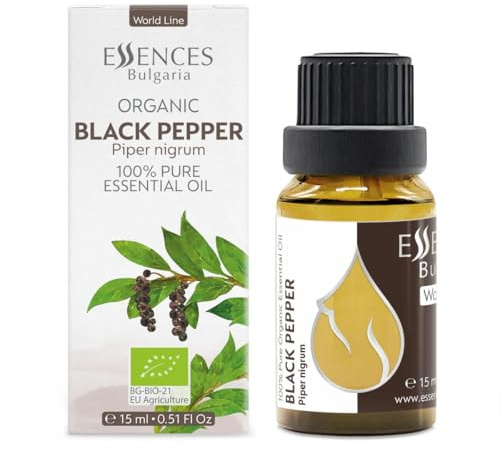 Essences Bulgaria Organisk Svartpeppar Eterisk Olja| 15 ml | Piper nigrum | 100% Ren | Naturligt | Outspädd | Terapeutisk betyg | Aromaterapi | Kosmetika | Cruelty Free | Icke-GMO