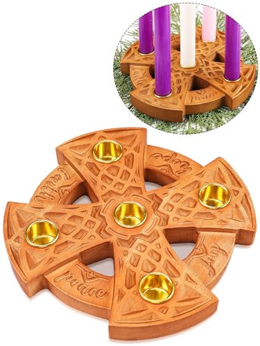 Nitial Advent Candle Holder for Christian Wood Nativity Candle Holder with Metal Celtic Knot for Xmas Candles Centerpiece Decorations Religious Gift(Fresh)