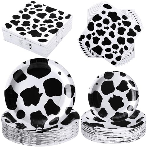 FoldTier 240 Pcs Cow Print Birthday Party Supplies Include 7 and 9 Farm Cow Print Plates and 6.7 Cow Print Napkins Cow Theme Party Decorations for Boy Girl Cow Farm Themed Baby Shower Decoration