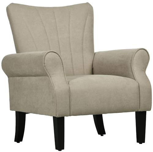 HOMCOM Armchair, Linen Wingback Accent Chair with Rolled Arms and Rubberwood Legs, Fireside Occasional Chair for Living Room, Bedroom, Beige