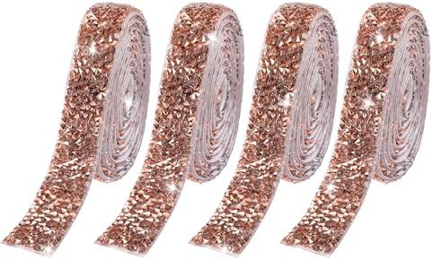 4 Rolls Rose Gold Resin Rhinestone Ribbons Self-Adhesive Crystal Sparkling Rhinestone Diamond Ribbon Bling Stickers Mesh Wrap Crystal Roll for DIY Arts Crafts Car Phone Décor,15mm
