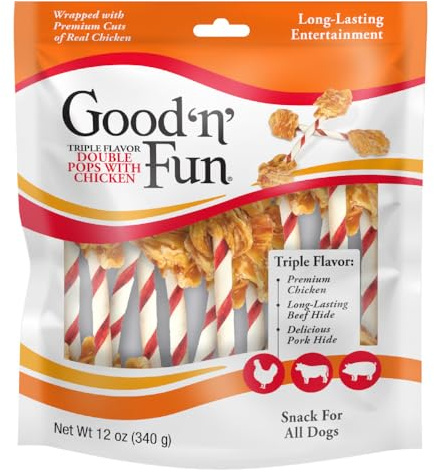 GOOD 'N' FUN Triple Flavor Double Pops with Chicken Chews for All Dogs, 12 Ounces, Treat Your Dog to Chews Made with Real Chicken, Beef Hide and Pork Hide