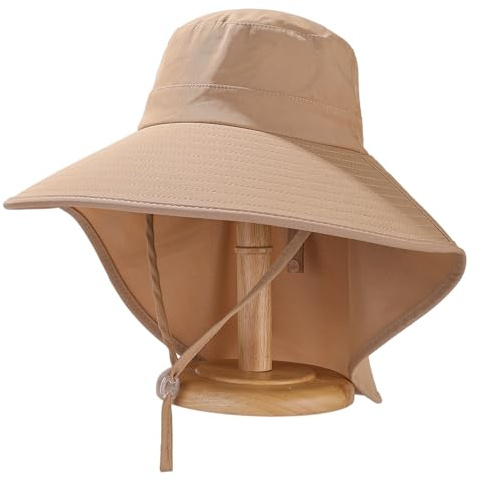 Huakunda - Chapeau de soleil pour femme - Safari avec large bord - Protection du cou - Pliable - Idéal pour les voyages, la randonnée et le jardin, kaki, taille unique