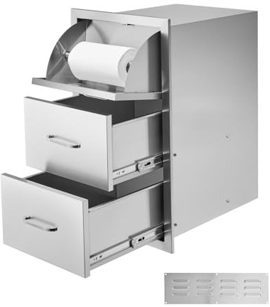 VEVOR Cajones de Cocina para Exteriores con Triple Acceso, Armarios Empotrados de Acero Inoxidable, Isla de Barbacoa con Portarrollos y Tirador, para Parrilla de Patio, 420 x 520 x 736±10 mm