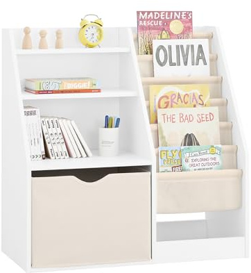 SoBuy Libreria Montessori per Bambini con 3 Ripiani e 1 Cesta Scaffale Portagiochi Bambini Libreria da Terra Salvaspazio e Multifunzione Bianco 80x40x80cm KMB119-W