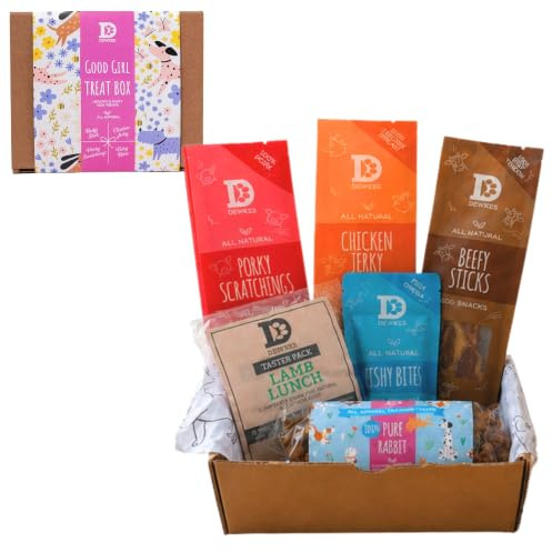 Dewkes Natural Dog Treat Box for Good Girls | Grain-Free & Hypoallergenic | Beefy Stick, Chicken Jerky, Porky Scratchings, Fishy Bites, Pure Meat Treat, Food Taster Pack | Dog Birthday Present Gift