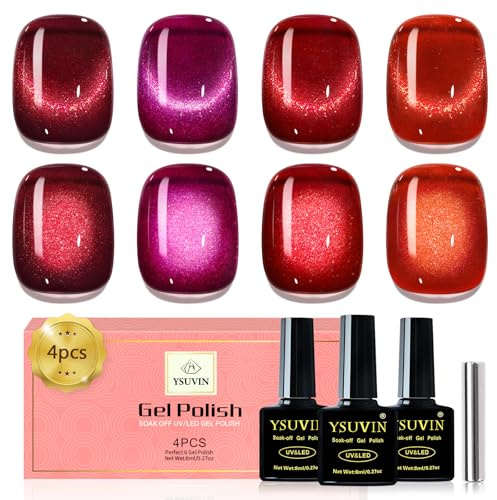 Yueshop Cat Eye Gel Nail Polish Red, 4 Colors Winter Red Series darkred Burgundyred Brightred Glitter Cats Eye Gel Nail Polish Magnetic Soak Off UV gel nail Varnish Creative nail Art DIY at Home, 8ML