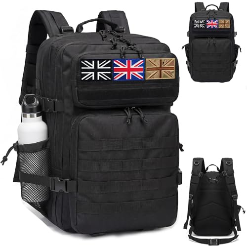 Lesbyit 45L Military Tactical Backpack Waterproof Army Rucksack | Large Motorcycle Backpack Work Bag with Bottle Holder & 3 Flag Patches for Hiking Gym Travel Sport Camping Treeking, Black