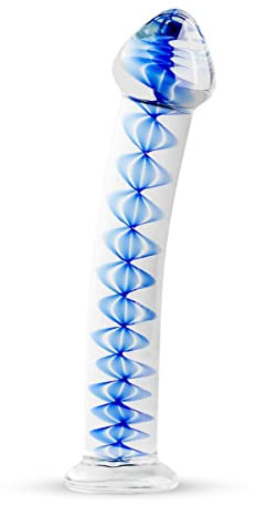 Gildo No. 4 Gebogener Dildo aus Glas - Für G-Punkt und Prostata Stimulation - Glas Dildo - Geeignet für Temperaturspiele - Länge 17.50 cm, Ø 2.70 - 3.70 cm (Transparent mit blaue Spiralen im Inneren)
