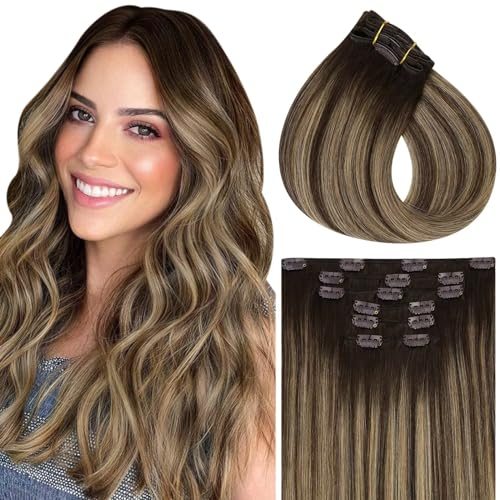 Vivien Echthaar Extensions Clip 30cm Braun Balayage Clip in Extensions Echthaar Ombre Braun bis Honigblond Doppelter Schuss 80g 5 Stücke