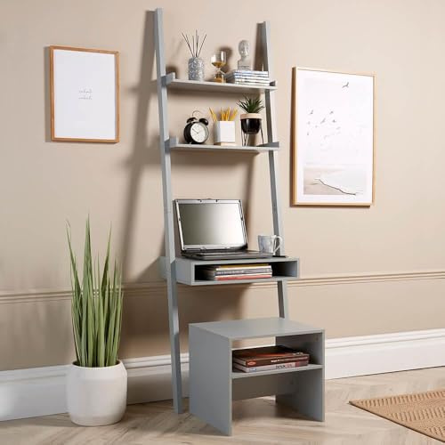 Home Source Desk Unit Home Office Shelving Storage with Stool Included, Grey, 3 Tier