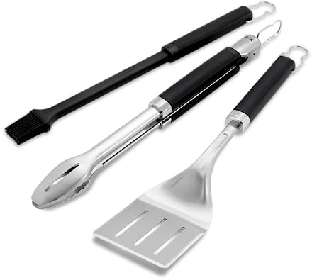 Weber Precision 3‑Piece Grilling Tool Set – Stainless Steel Tongs, Spatula & Silicone Basting Brush with Non‑Slip Handles and Hands‑Free Locking
