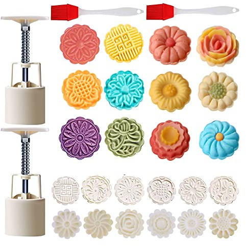 BenRan Juego de 2 moldes de Mooncake de 50 g, molde para tarta de luna, 12 unidades, para hornear, galletas, luna, pasteles, prensado, color blanco