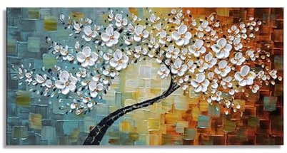 Fokenzary Handgemaltes Leinwandbild, abstrakte moderne Blumen, dicker 3D-Effekt, Messer, gerahmt, fertig zum Aufhängen, 40,6 x 81,3 cm