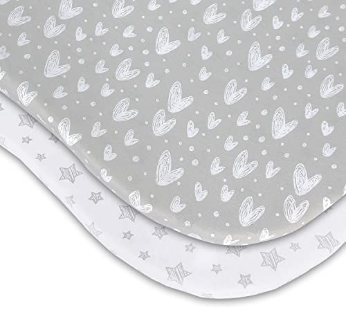 SPRINGSPIRIT Baby Pram Sheets/Moses Basket Fitted Sheets 2 Pack, 100% Cotton Pram Carry Cot/Moses Basket Mattress Cover, Fits for mattress approx 75-78x30-35cm, Stars & Hearts Print