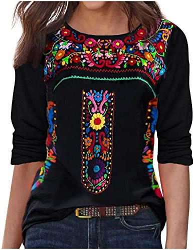 Mexican Embroidered Shirt for Women Summer Short Sleeve Ethnic Style Tops Boho Floral Print Dressy Blouse Loose Tunic