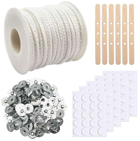 Eurtes 1600cm Kerzendocht, 75 Stränge Natürlichen Kerzendochte für Dicke Kerzen, Baumwolle Dochte für Kerzen mit 100 Metallbasis und Aufkleber, für DIY Kommunionkerze, Duftkerzen und Öllampen