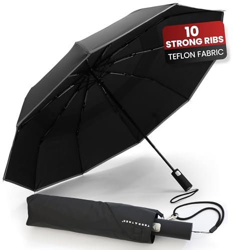 TERRATREK Travel Umbrella: Strong Fibreglass Windproof Umbrella – Compact, Auto Open Close, Premium Teflon Double Canopy, Durable & Wind Resistant – Portable for Car & Backpack Men Women UK Design