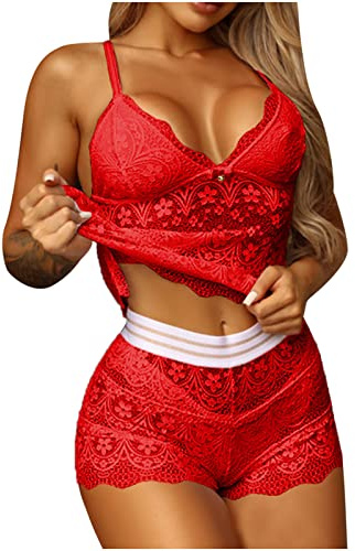 Women Lace Lingerie Set Sexy Push up outfits Set Nightwear Floral Eyelash Lacy Bra and Panty Strappy Babydoll Sleepwear Hollow out Underwear Tank Top Camisole Sheer Pyjamas