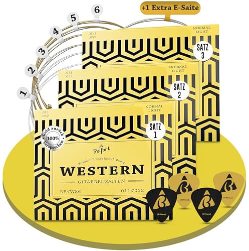 BELFORT® Gitarrensaiten für Westerngitarre - Premium Phosphor-Bronze (3x6 Saiten-Set) Western-Gitarre & Akustikgitarre BONUS 4 Plektren + Extra hohe acoustic E-Saite (Gitarrensaiten Akustikgitarre)